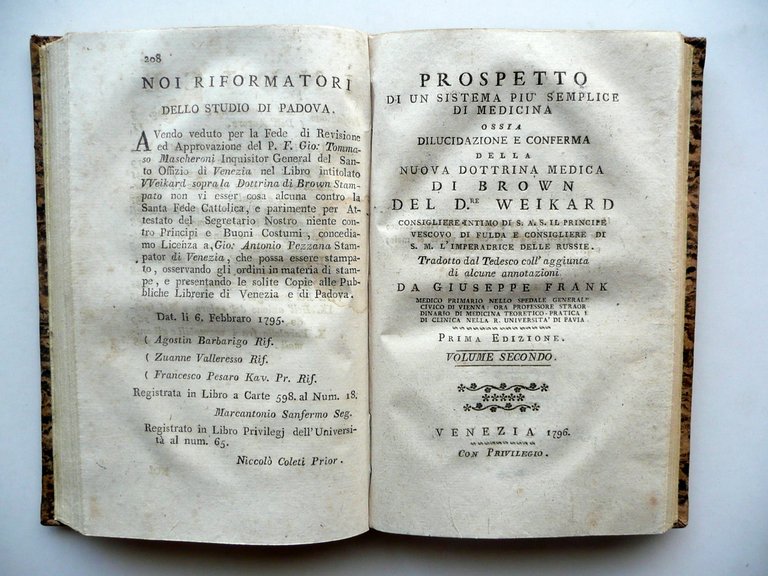 Prospetto Dilucidazione Conferma Dottrina Medica Brown Weikard 1796 2 Volumi