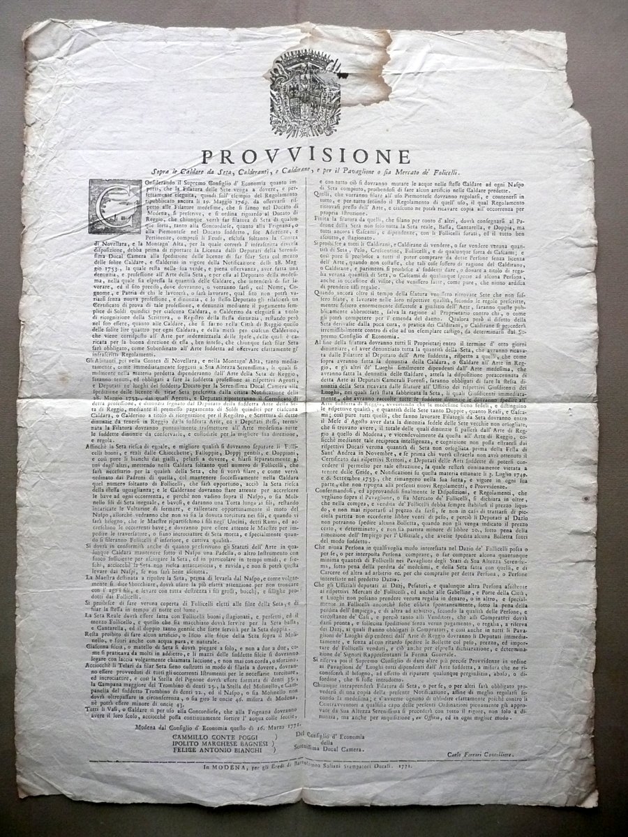 Provvisione Caldare Seta Calderanti Calderine Pavaglione Folicelli Soliani 1771