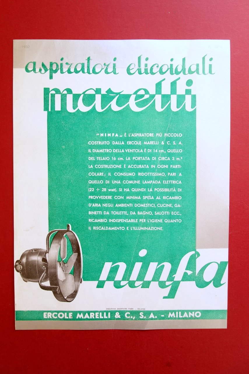 Pubblicit‡ Ercole Marelli S.A. Milano Aspiratori Elicoidali Ninfa