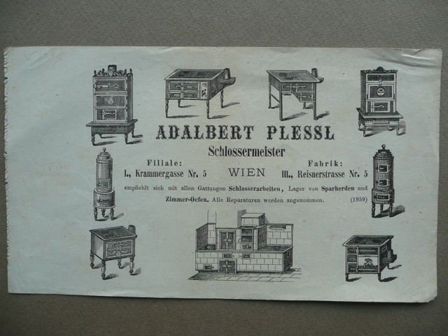 Pubblicit‡ Foglio Adalbert Plessl Schlossermeister Vienna Cucine Stufe Novecento