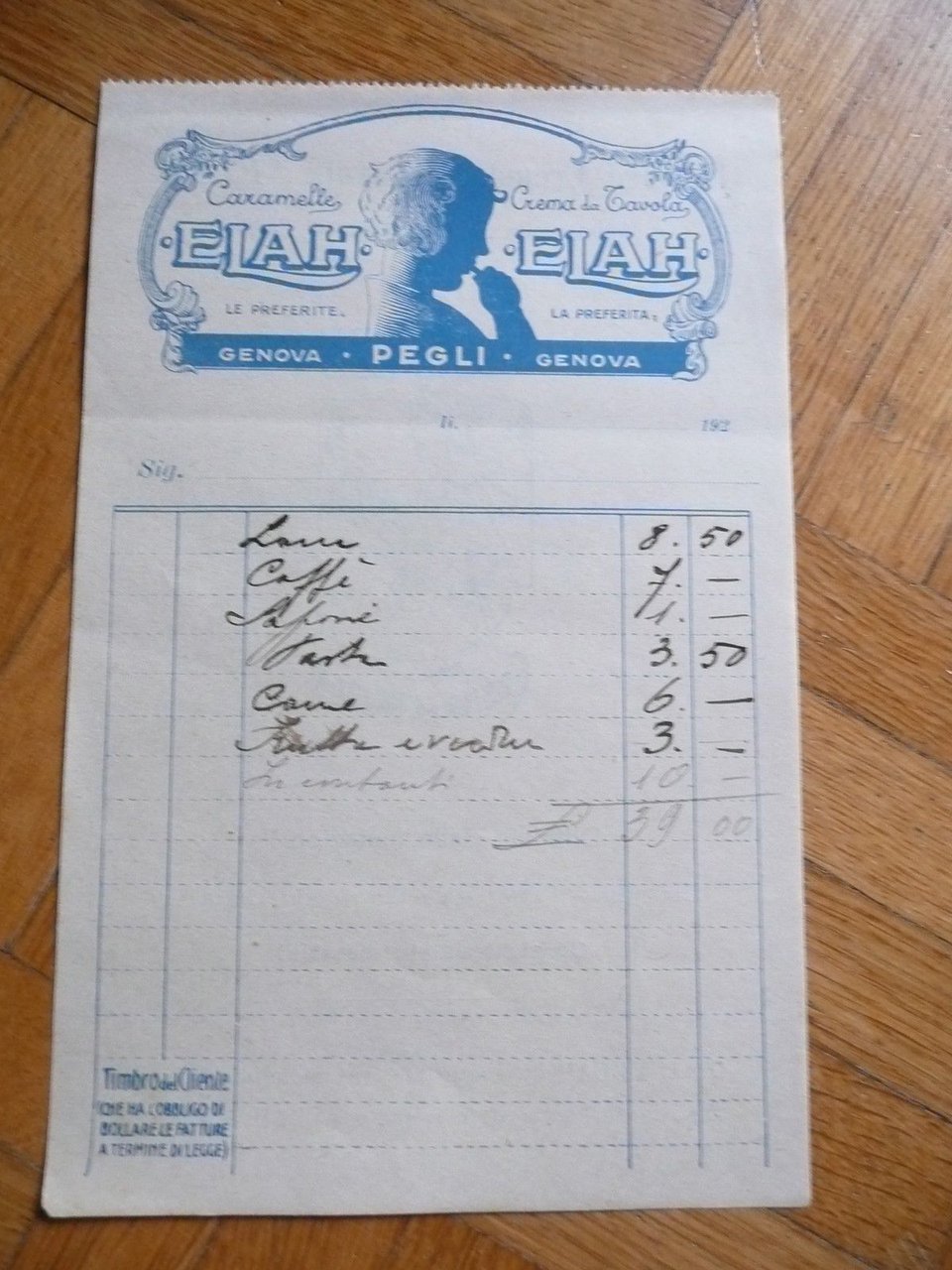 Pubblicit‡ Ricevuta Elah Caramelle Genova Pegli Crema da Tavola Primo …