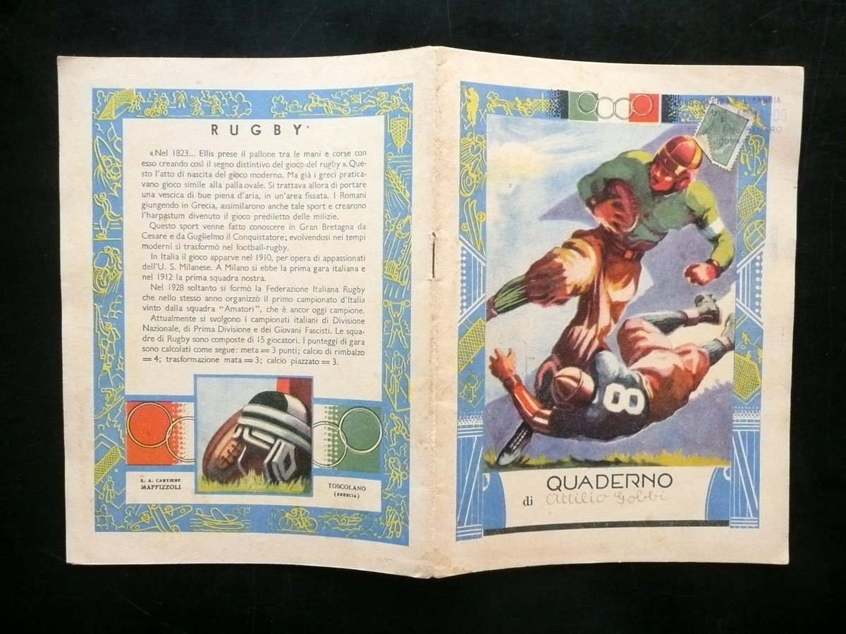 Quaderno Rugby Illustrato a Colori Sport Scuola Infanzia 1937 Usato