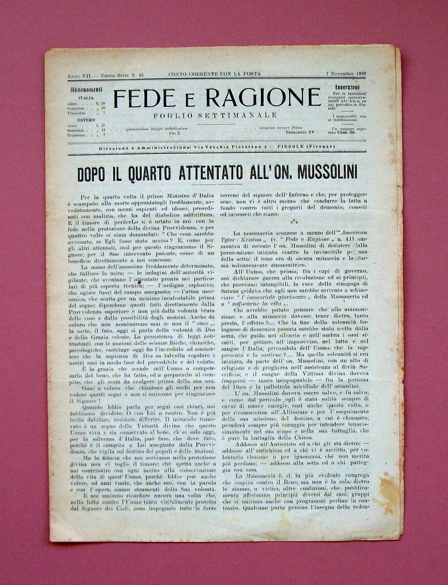 Quarto attentato Mussolini Massoneria Manifesto Banchieri in Fede e Ragione …