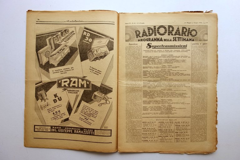 Radiocorriere e Radiorario EIAR Settimanale Anno VI N. 22 1930 …