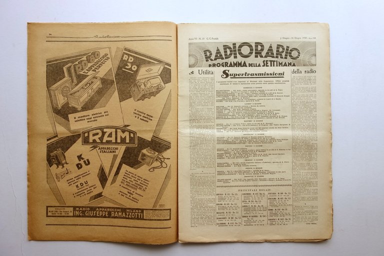 Radiocorriere e Radiorario EIAR Settimanale Anno VI N. 23 1930 …