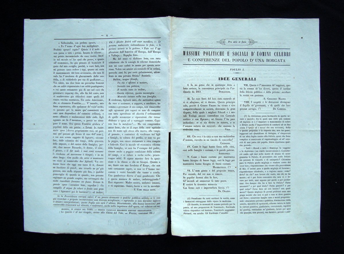 Raro Foglio I Giornale conservatore antirivoluzionario Modena 1848