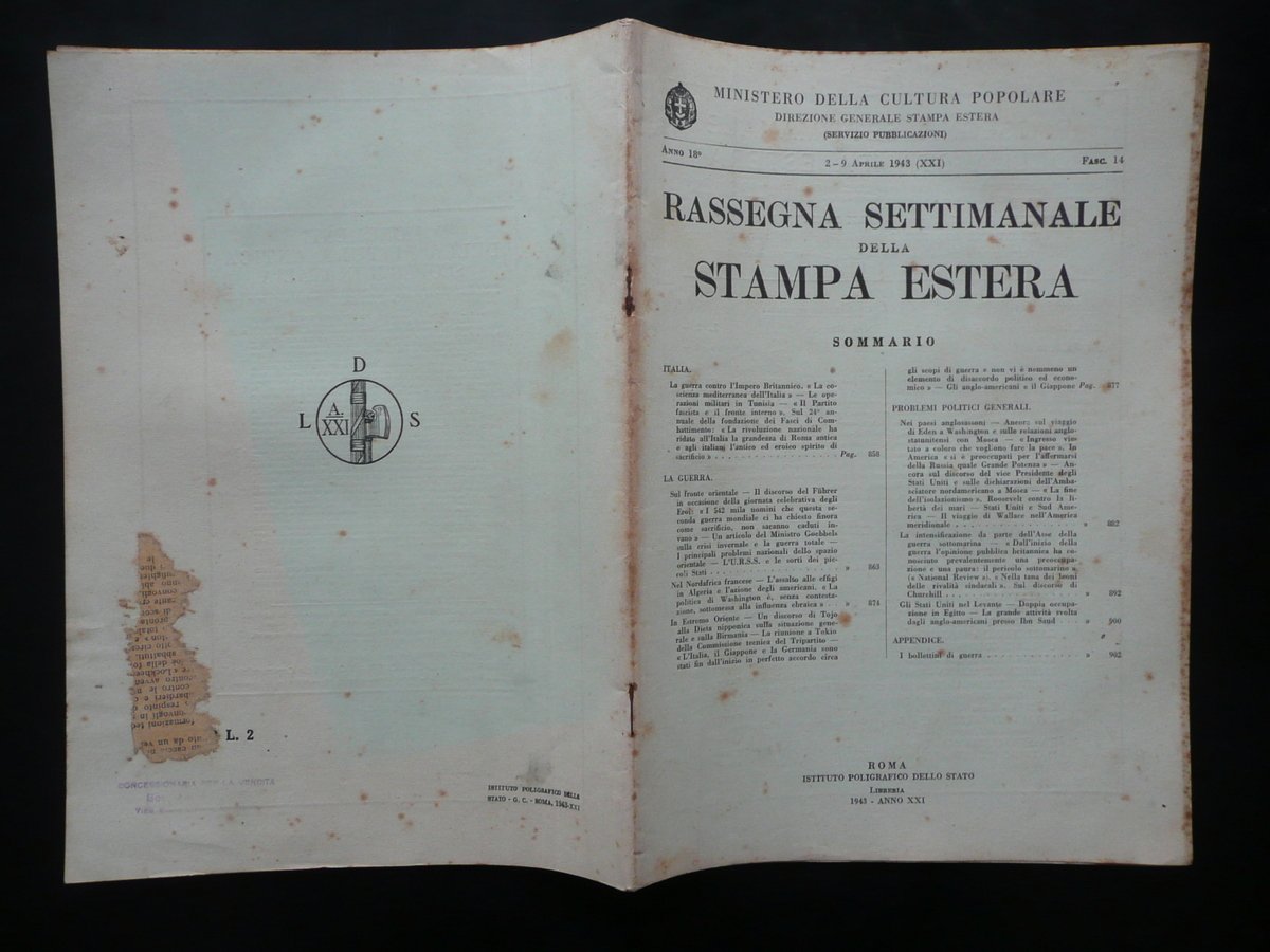 Rassegna Settimanale della Stampa Estera Anno 18∞ Fascicolo 14 1943 …