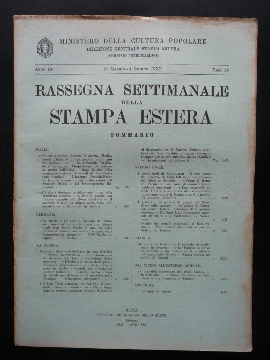 Rassegna Settimanale della Stampa Estera Anno 18∞ Fascicolo 22 1943 … | Immagine principale