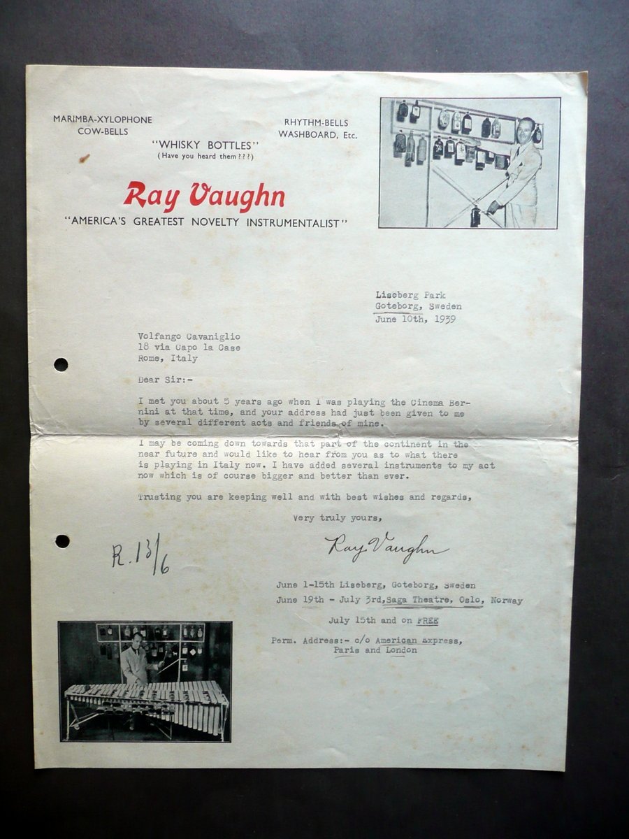 Ray Vaughn America's Novelty Instrumentalist Lettera Spettacolo Musica 1939