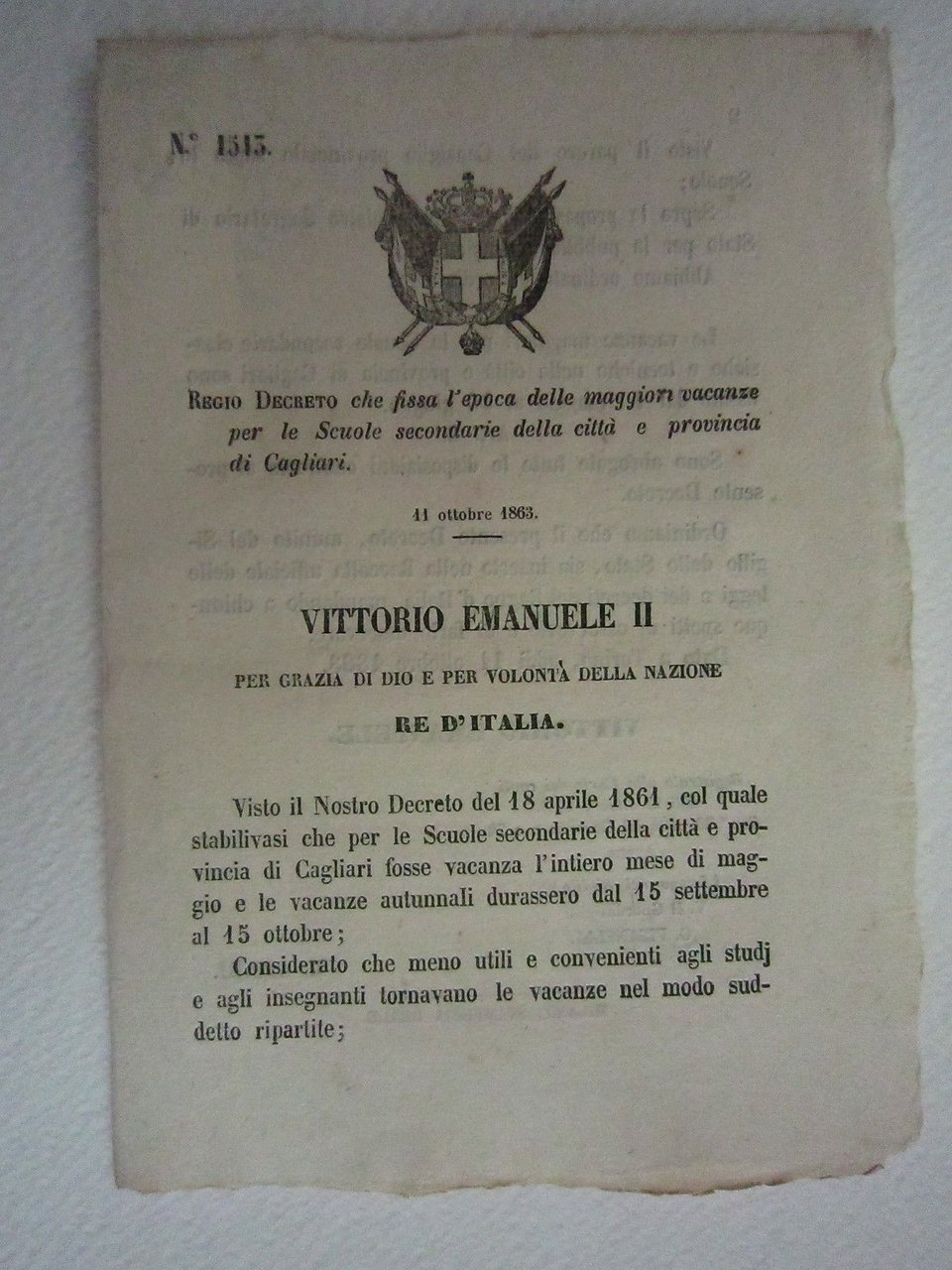 Regio Decreto Diritto Cagliari Maggiori Vacanze Scuole 1863 Bollettino Leggi