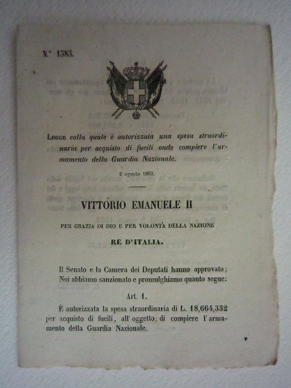 Regio Decreto Diritto Guardia Nazionale Spesa Straordinari 1863 Bollettino Leggi | Immagine principale
