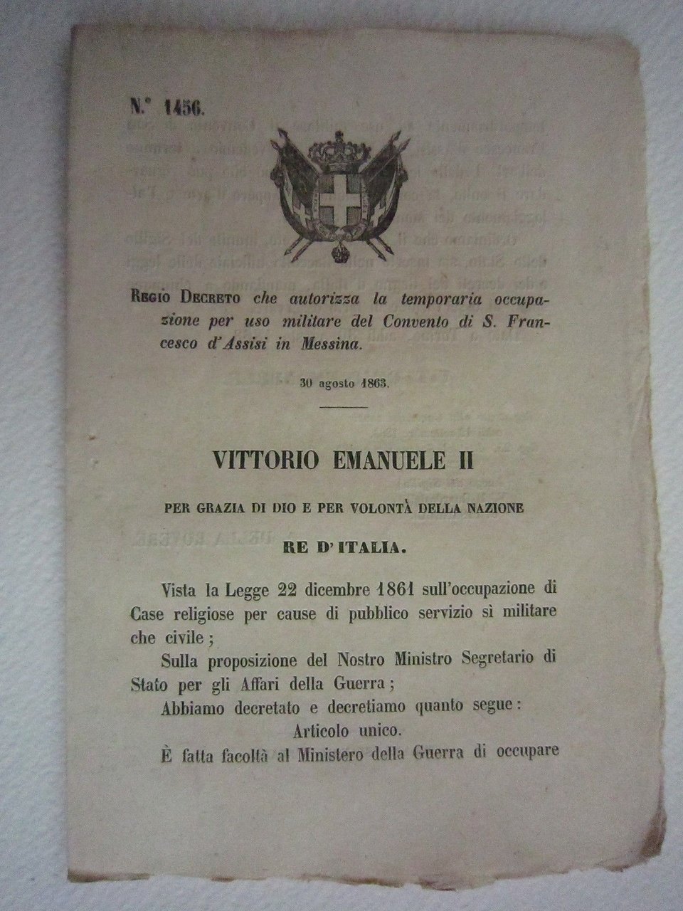 Regio Decreto Diritto Messina Francesco Occupazione Assisi 1863 Bollettino Leggi | Immagine principale
