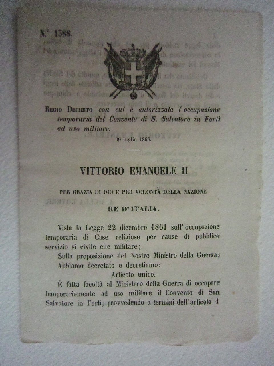 Regio Decreto Diritto Occupazione Convento Salvatore ForlÏ 1863 Bollettino Leggi