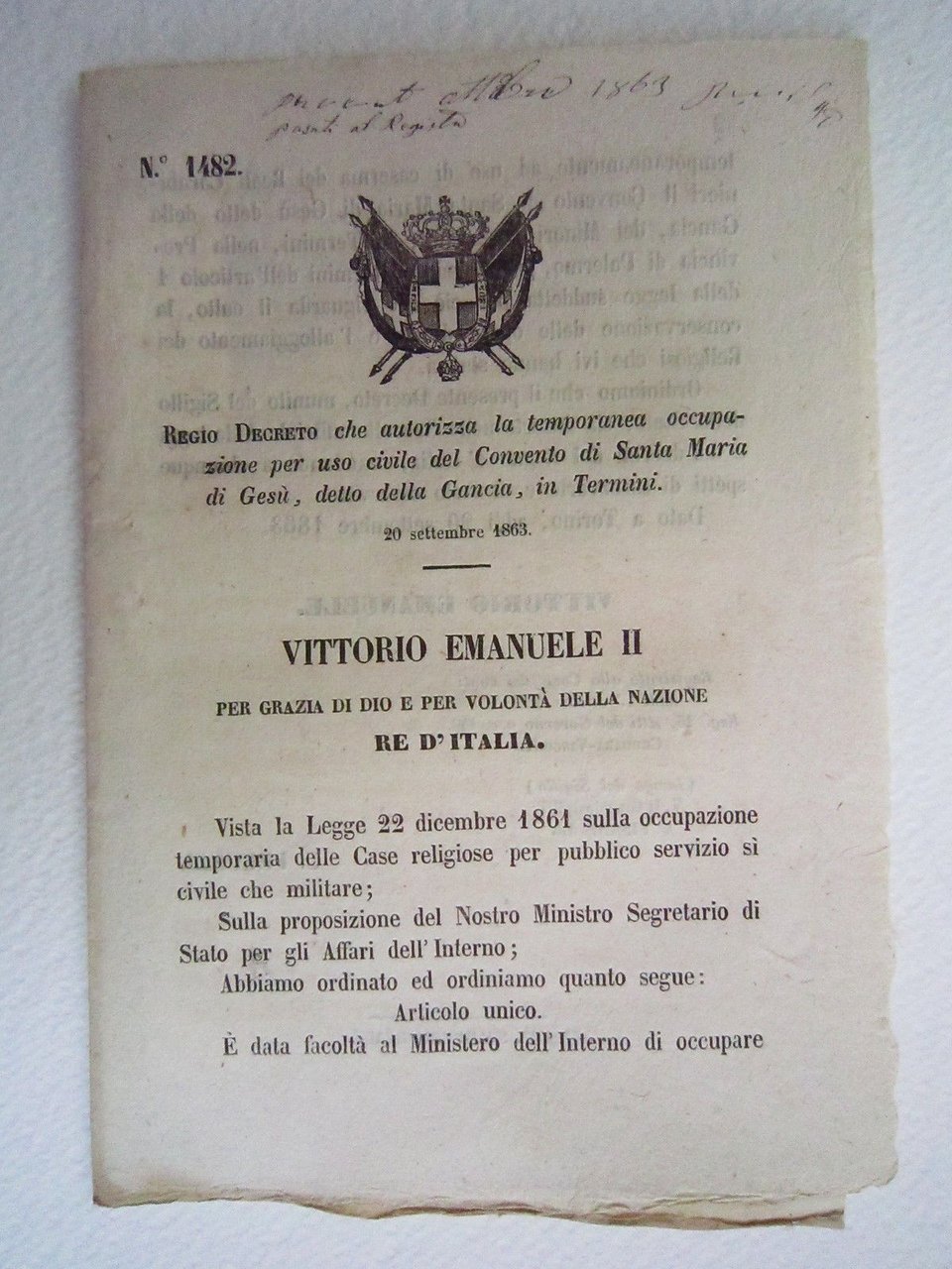 Regio Decreto Diritto Temporaria Occupazione Convento Ges˘ 1863 Bollettino Leggi