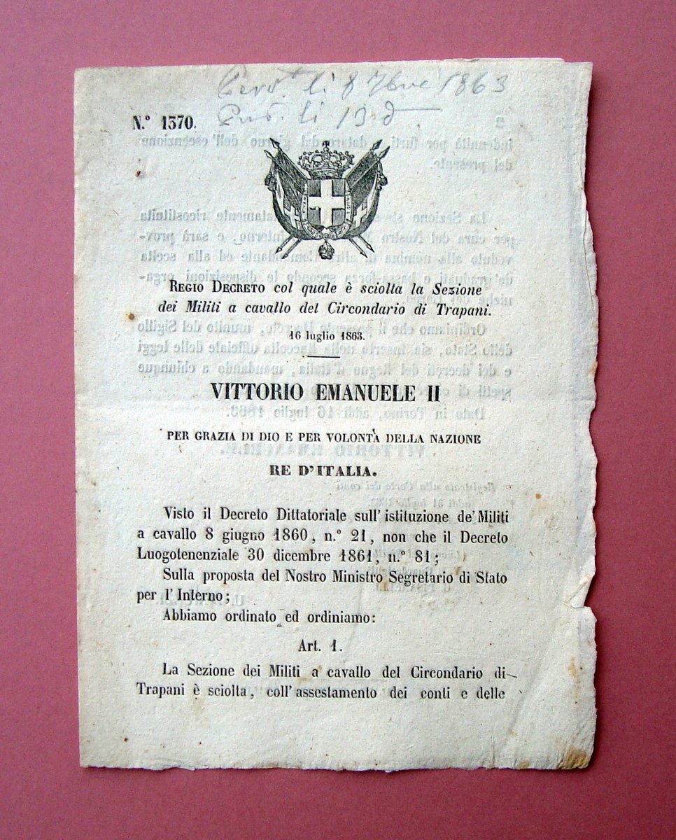 Regio Decreto sciolta Sezione Militi a cavallo Circondario Trapani 1863