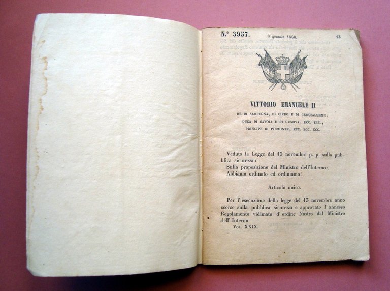 Regolamento di Pubblica Sicurezza Stamperia Reale 1859 1860 Torino P.S.