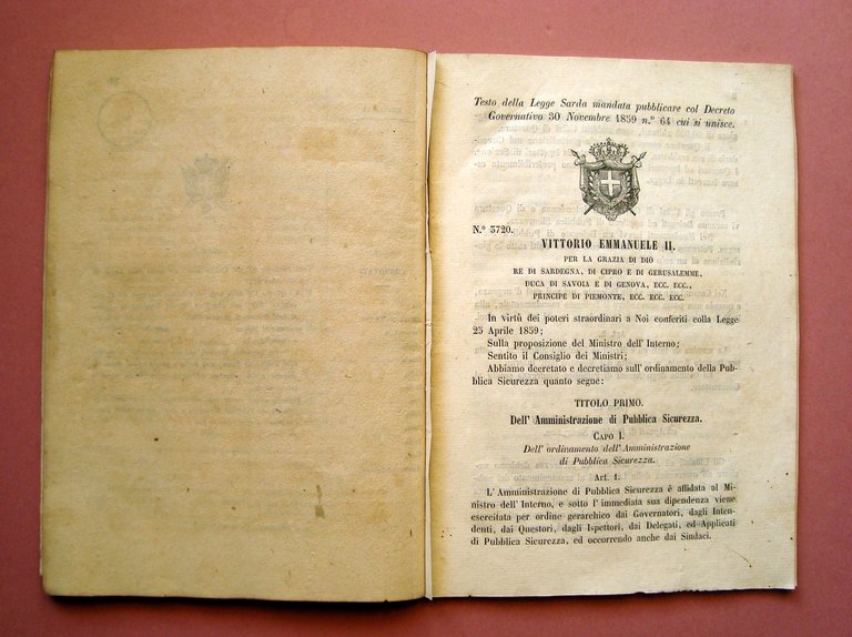 Regolamento di Pubblica Sicurezza Stamperia Reale 1859 1860 Torino P.S.