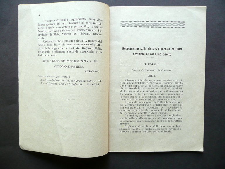 Regolamento sulla Vigilanza Igienica del Latte Consumo Diretto Gorizia 1929