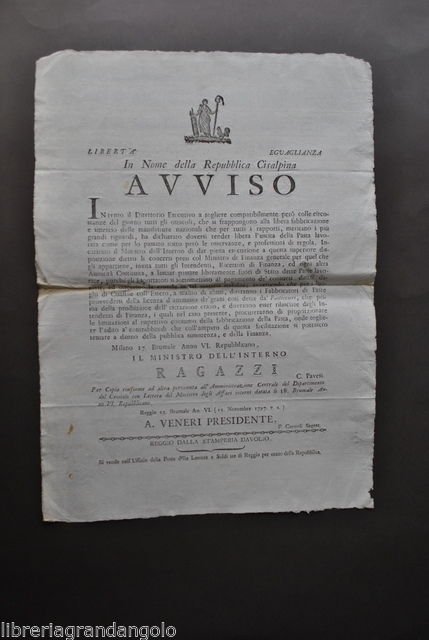 Repubblica Cisalpina Avviso Fabbricazione Pasta Pasticcieri Alimentari Cibo 1797 | Immagine principale