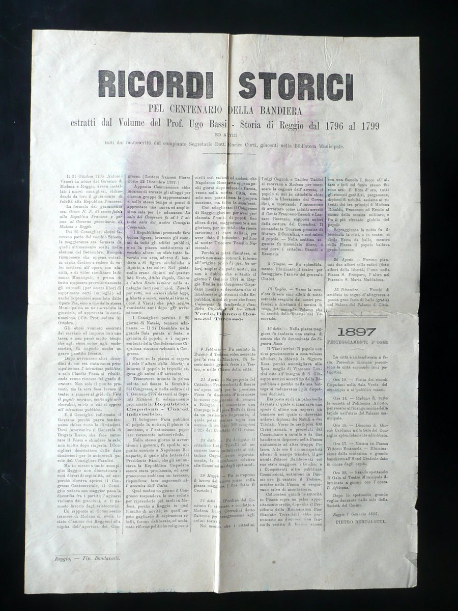 Ricordi Storici pel Centenario della Bandiera Bondavalli Reggio Emilia 1897