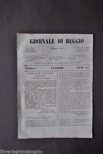 Risorgimento Giornale di Reggio Volontari Battaglione Napoletano Gioberti 1848