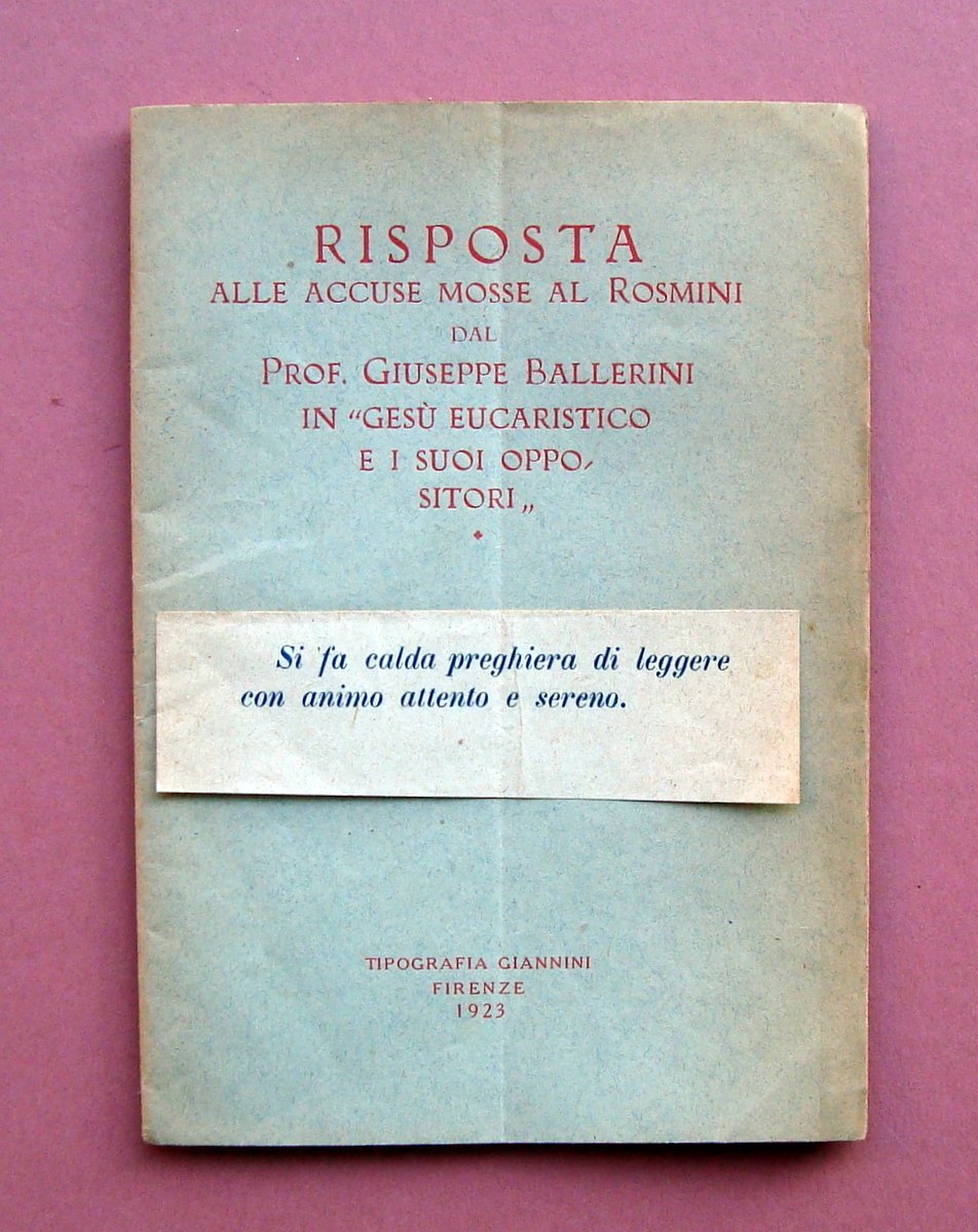 Risposta alle accuse mosse al Rosmini da G. Ballerini 1923 …