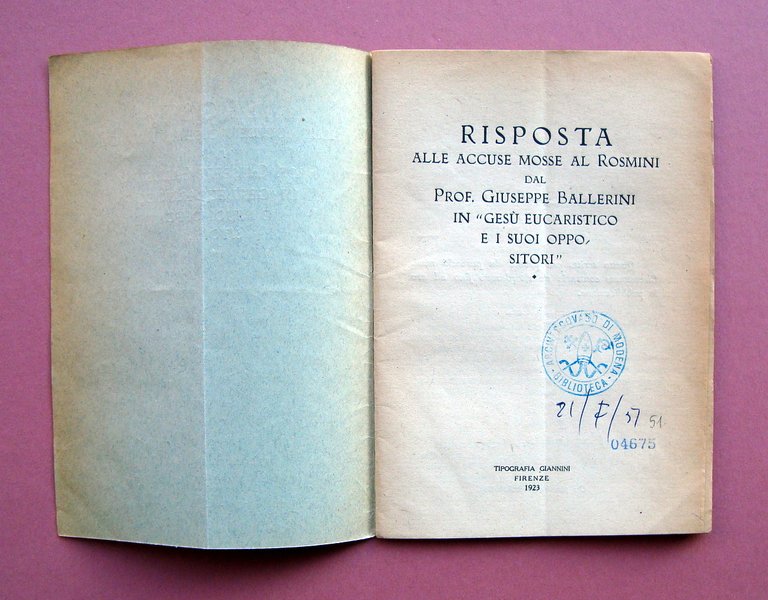 Risposta alle accuse mosse al Rosmini da G. Ballerini 1923 …