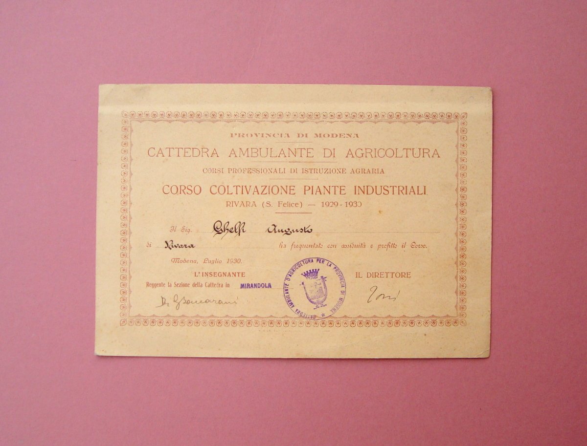 Rivara Mirandola Attestato Corso Coltivazione Piante Industriali 1930