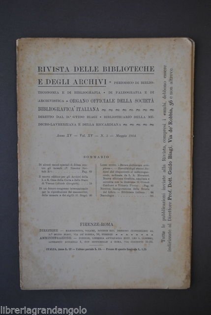 Rivista Biblioteche Archivi Libri Bertelli Difesa Incendi Muratori 1904