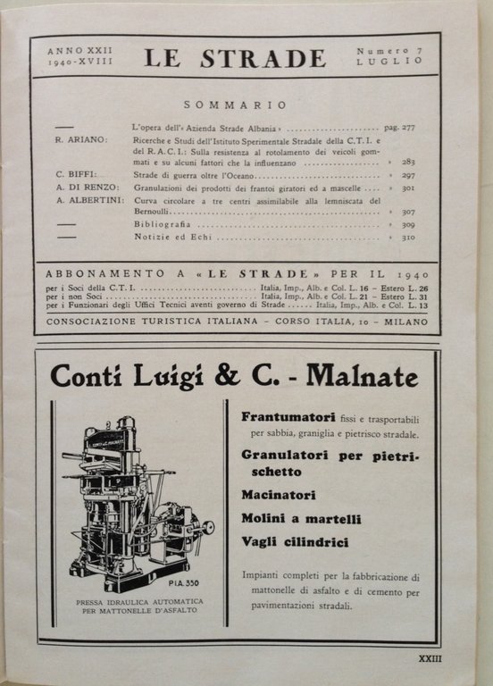 Rivista Le Strade L'Opera Dell'Azienza Strade AlbaniaNumero 7 Luglio 1940