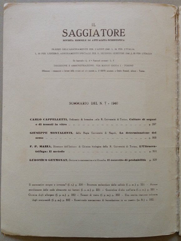 Rivista Mensile Attualit‡ Scientifica Il Saggiatore n. 7 1940 Einaudi …