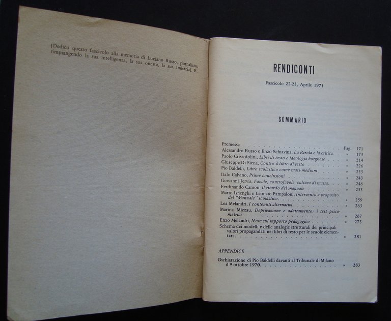 RIVISTA RENDICONTI ROVERSI 22-23 1970 CALVINO CAMON JERVIS MELANDRI MIZZAU …