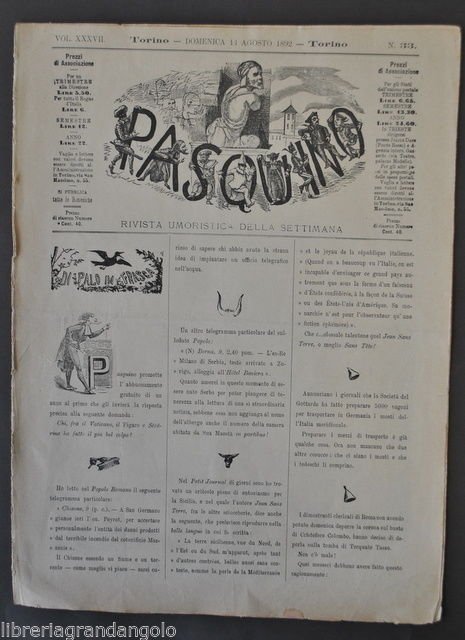 Riviste Umoristiche Settimanali Pasquino Satira Politica Illustrazioni 1892 N.33