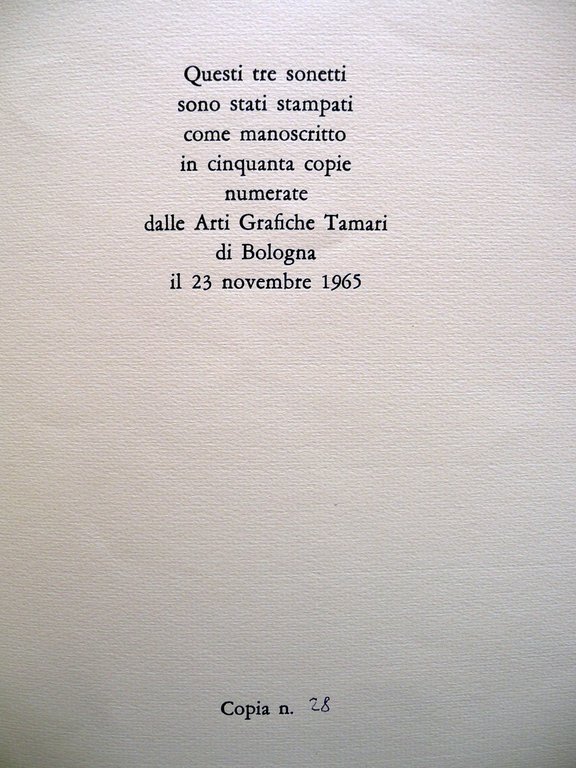 Roberto Braccesi Urbino Tre Sonetti Arti Grafiche Tanari Bologna 1965 …