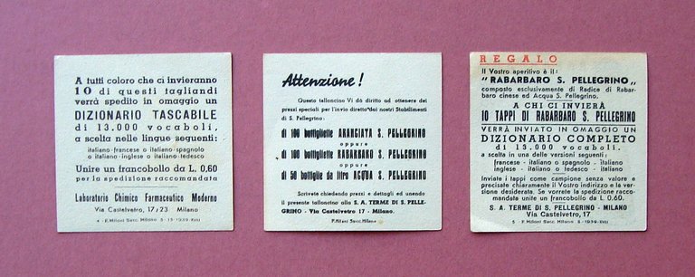 San pellegrino 3 tagliandi premio 1939 Magnesio Rabarbaro Acqua Aranciata