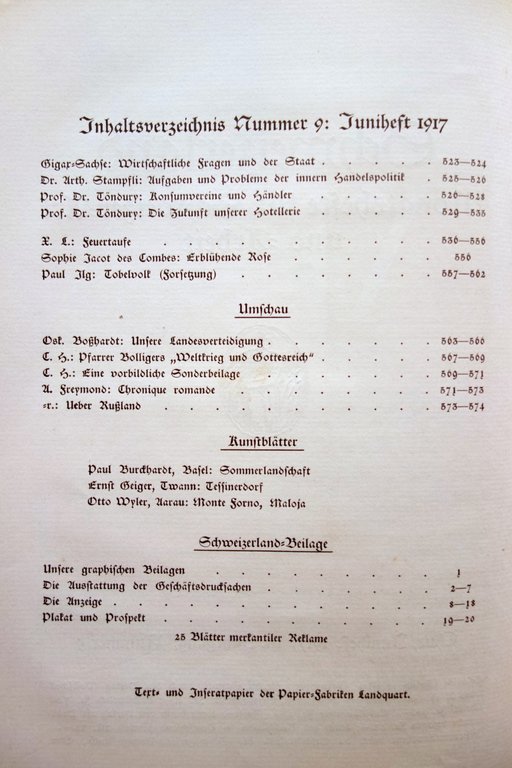 Schweizerland Monatshefte fus Schweizer Art-und-Arbeit N. 9 Zurich 1917 Grafica