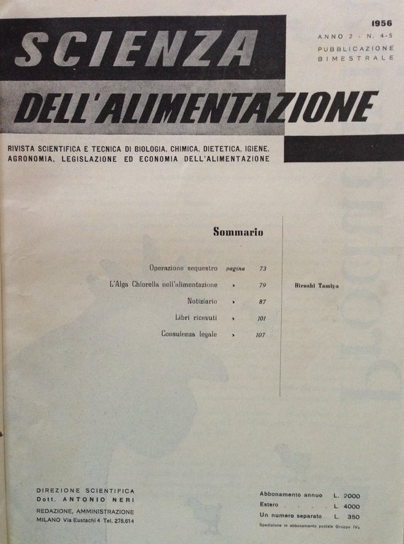 Scienza dell'Alimentazione Dicembre 1956 L'Alga Chlorella Nell'Alimentazione