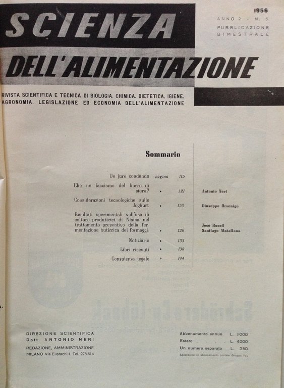 Scienza dell'Alimentazione n 6 Dicembre 1956 Burro di Siero Joghurt …