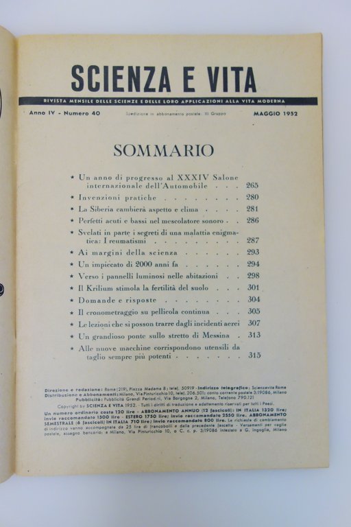 Scienza e Vita 40/1952 XXXIV Salone Internazionale dell'automobile Ponte Stretto
