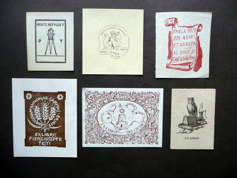 Sei Ex Libris a Stampa Illustrati a Colori Epoca Varia