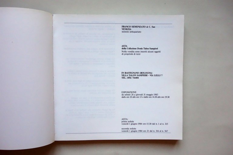 Semenzato Venezia Catalogo Asta Collezione Denis Talon Sampieri Rastignano 1984