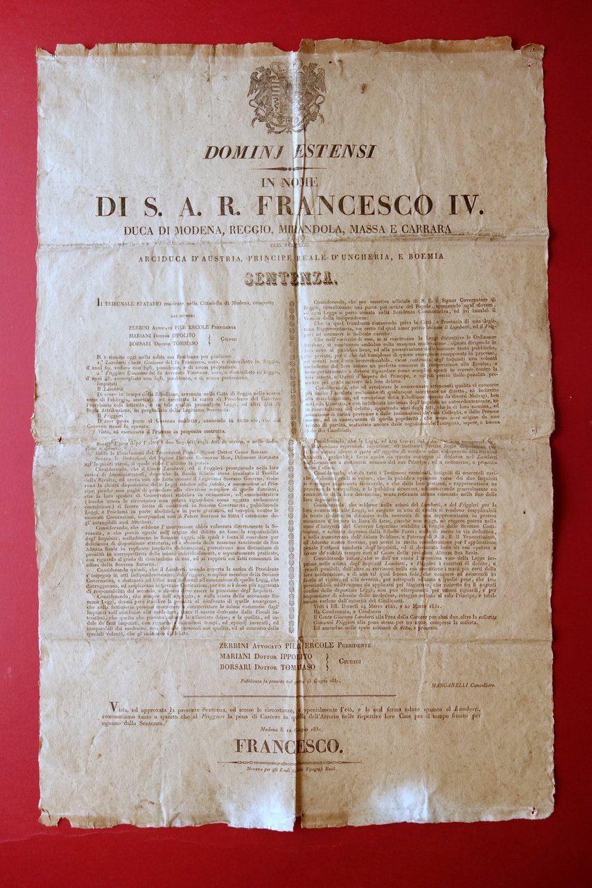 Sentenza Francesco IV Conte Lamberti Reggio Emilia Governo Provvisorio 1831