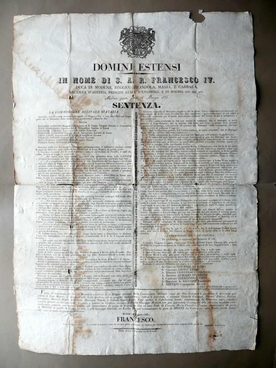 Sentenza Giovine Italia Moti Lesa Maest‡ Mattioli Mascagni Zocca Modena … | Immagine principale