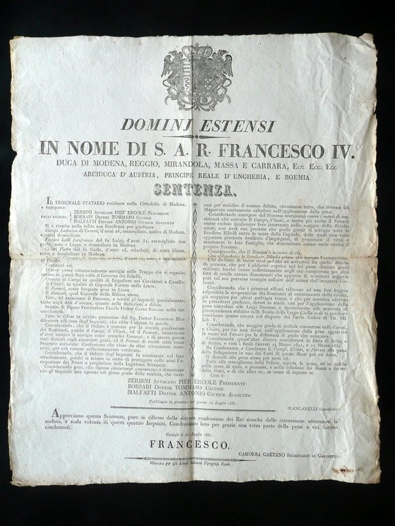Sentenza Moti 1831 Soliani Modena Sentenza Ribelli Campi Ferrari Chiari Roncati