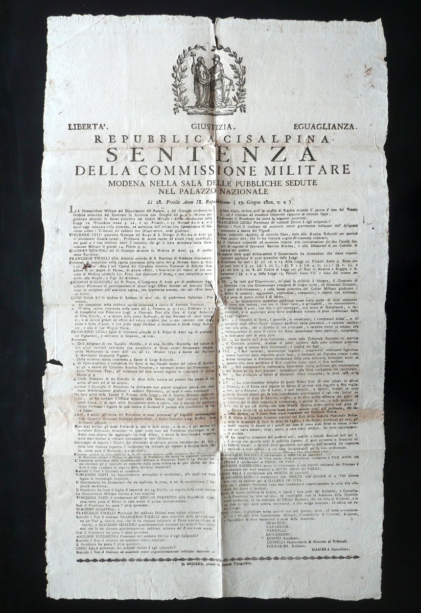 Sentenza Repubblica Cisalpina Condanna a Morte Furti Rapine Modena 1801 …