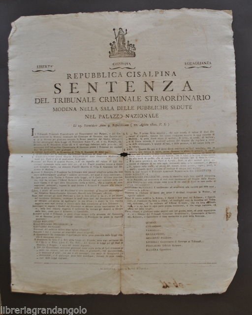 Sentenza Repubblica Cisalpina Furto Pecore Villa San Giacomo Modena 1801
