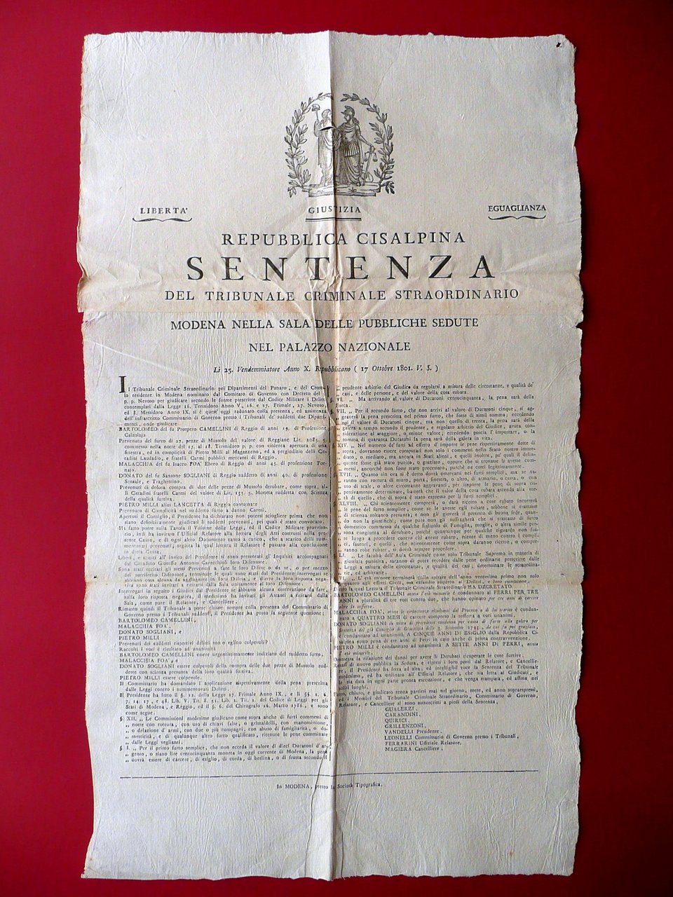 Sentenza Repubblica Cisalpina Furto Pezze di Mussolo Calzolaio Reggio 1801