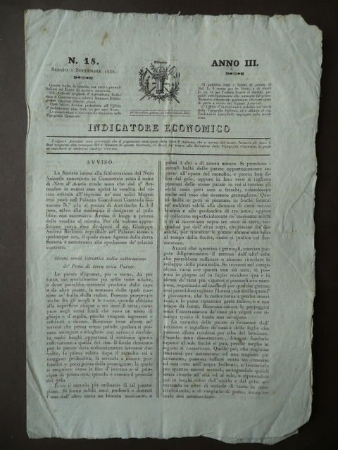 Settimanale Indicatore Economico Modena 1838 Coltivazione Pomi di Terra Commerci