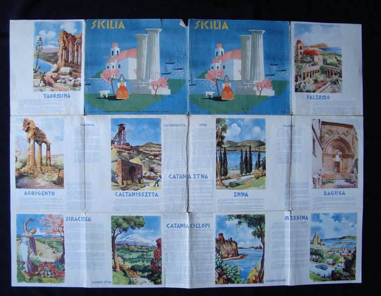 Sicilia grande pieghevole anni 40 50 Romoli Frattini Turismo Taormina …