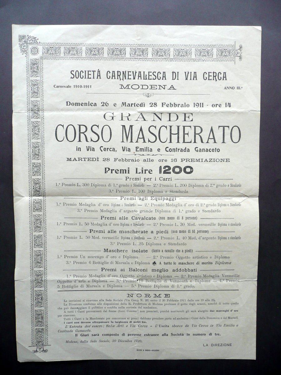 Societ‡ Carnevalesca Via Cerca Modena Corso Mascherato Premi Regolamento 1911 | Immagine principale
